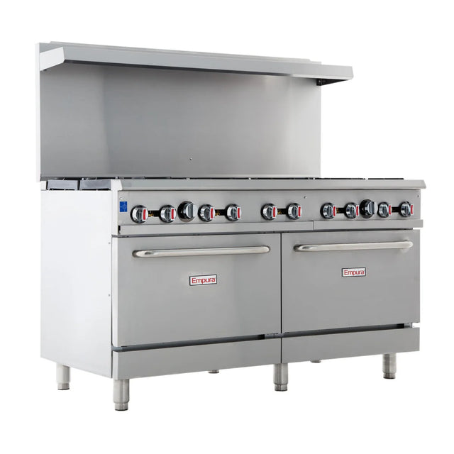 A large Empura commercial kitchen range features eight stovetop burners, a liquid propane oven with two ovens below, control knobs above each oven, and a backsplash with a high shelf. The brand name is displayed on both oven doors.