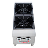 The Empura EHP-2 is a stainless steel, two-burner commercial gas hot plate with black cast iron grates, two control knobs with red accents, and the Empura brand name centered below. This countertop hot plate stands on four short legs.