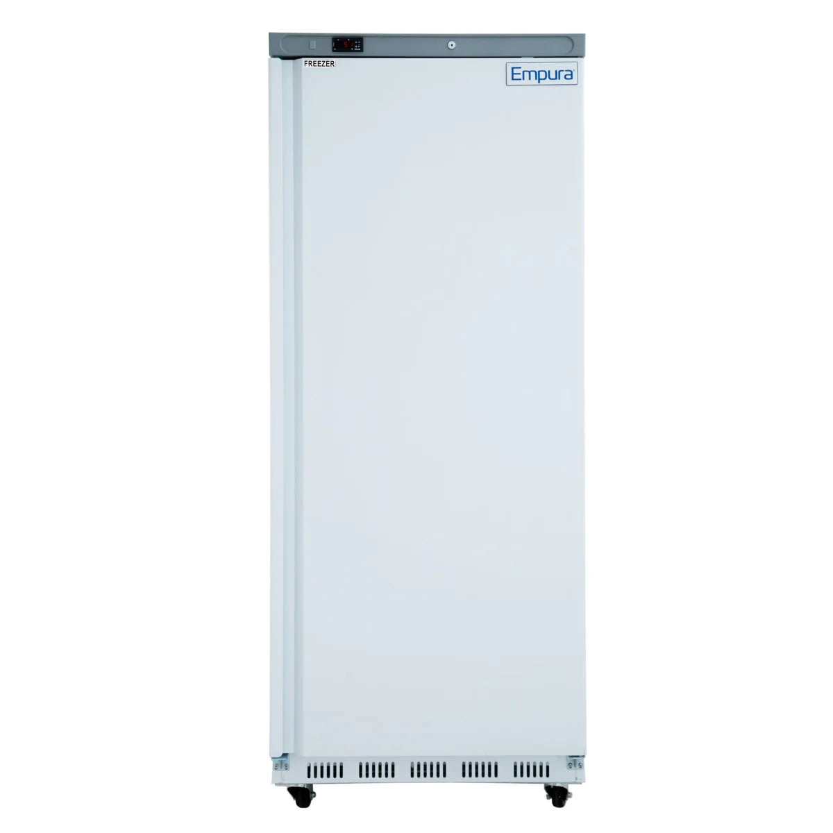 A tall, upright Empura Freezer with a solid door, digital temperature display, and brand name on the upper right corner. This commercial reach-in freezer stands on four wheels and features a minimalist, industrial design for commercial use.