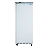 A tall, upright Empura Freezer with a solid door, digital temperature display, and brand name on the upper right corner. This commercial reach-in freezer stands on four wheels and features a minimalist, industrial design for commercial use.