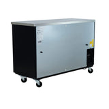 This Empura Refrigeration Back Bar Cooler features a stainless steel top and front, black side panels, four swivel caster wheels, sliding glass doors, and a visible compressor on the right. Its reflective surface and boxy design add to its industrial appeal.