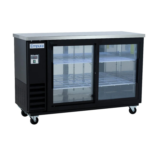 An Empura Refrigeration Back Bar Cooler featuring a stainless steel top, sleek black body, sliding glass doors, and two empty wire shelves. The fridge is on four caster wheels and includes an upper left control panel for convenient access.