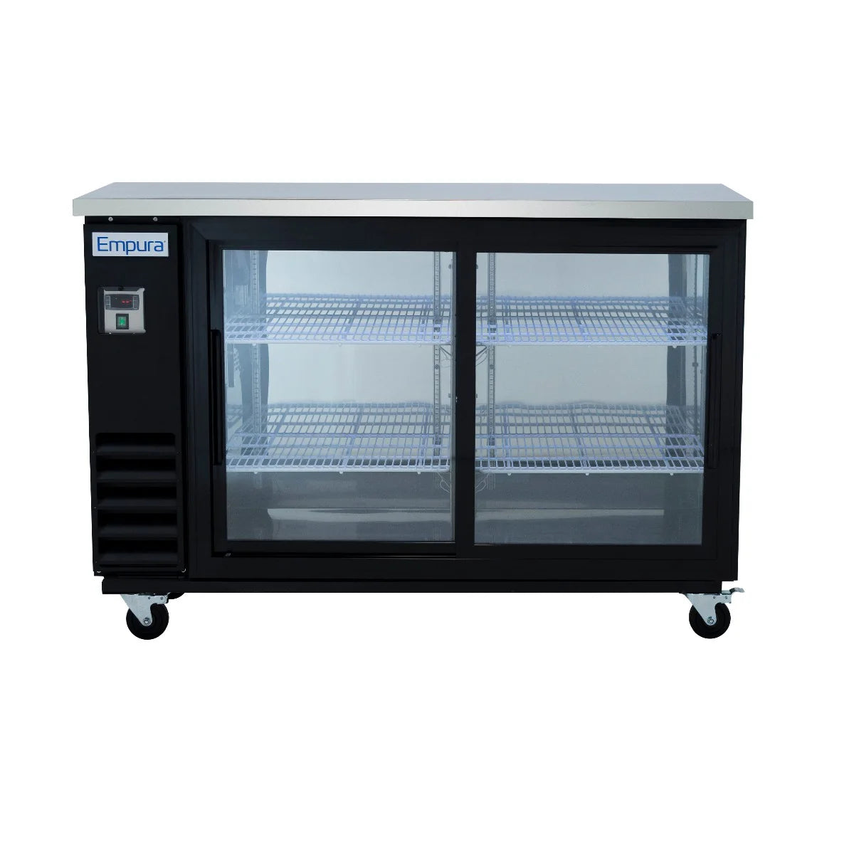 This Empura Refrigeration Back Bar Cooler features two sliding glass doors, a black frame, and a sturdy metal top. Interior wire shelves and four wheels provide mobility, while the left-side control panel includes a power switch and indicator lights.