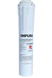 A tall, cylindrical white water filter cartridge labeled “EMPURA,” designed for sediment reduction in your water filtration system. It features a ridged cap, model number FF-CP15R, and clear installation instructions printed on the side.