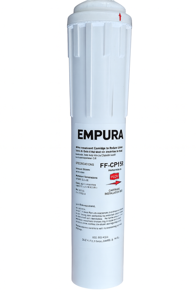 A white, cylindrical EMPURA water filter cartridge labeled FF-CP15R stands upright. Designed as a replacement cartridge for your water filtration system, it features black and red text with specs and installation tips. A small red arrow points upward on the ridged cap.