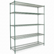 A four-tiered, green epoxy-coated iron NSF Shelving Unit with adjustable shelves, open sides, and sturdy legs—perfect for storage or organization in homes, garages, or commercial spaces. The minimal structure is shown empty.