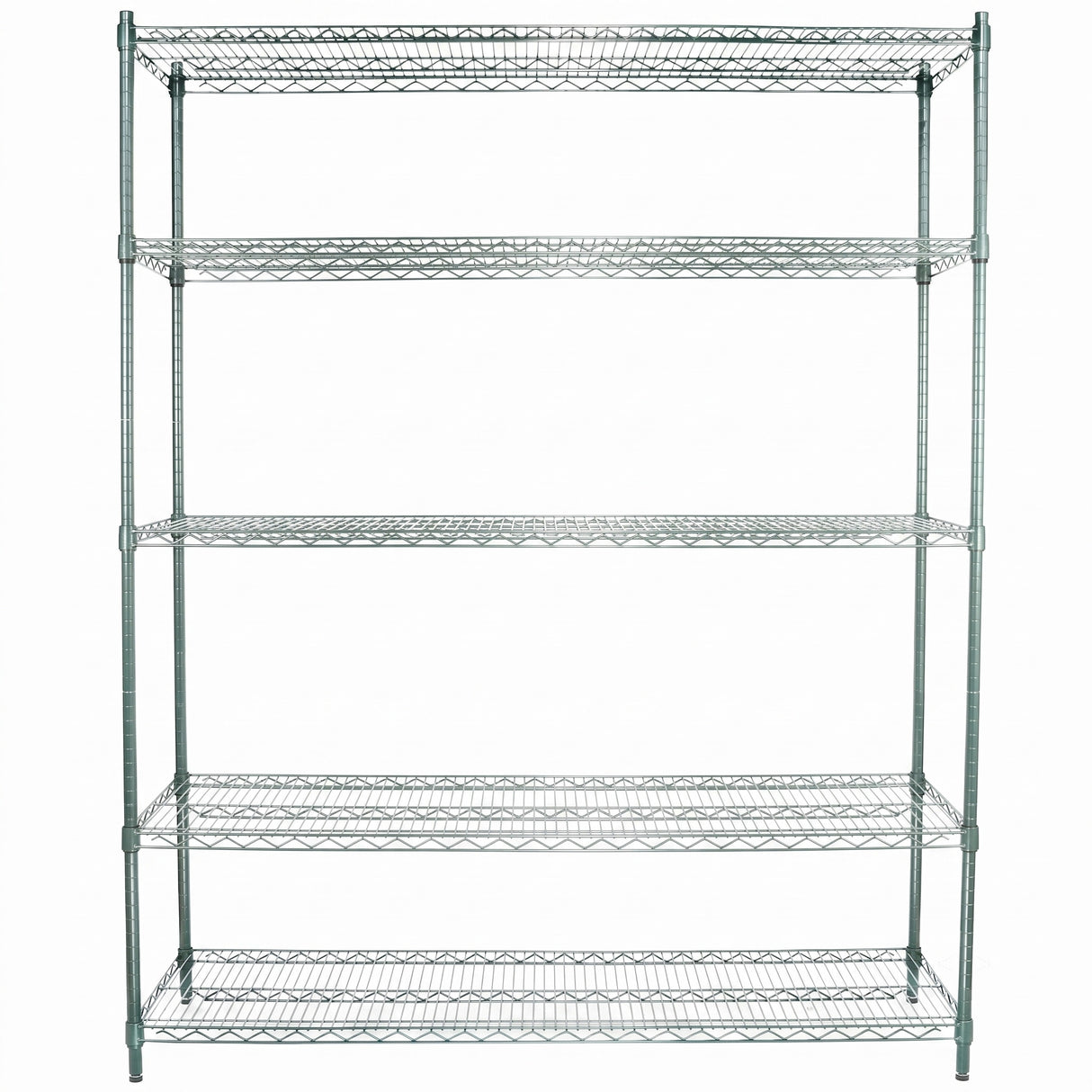 A large, empty NSF Shelving Unit with four evenly spaced shelves and sturdy upright poles stands against a plain white background. The silver metal wire contrasts with the clean look, showcasing durability and organization.