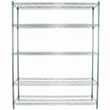 A large, empty NSF Shelving Unit with four evenly spaced shelves and sturdy upright poles stands against a plain white background. The silver metal wire contrasts with the clean look, showcasing durability and organization.