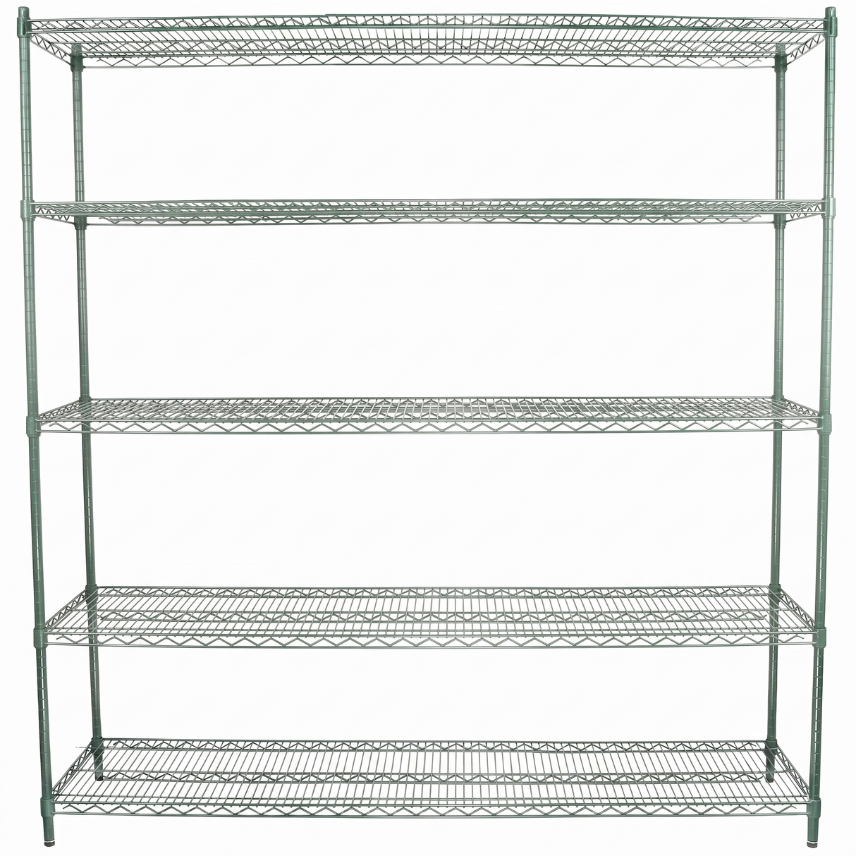 A five-tier NSF Shelving Unit stands against a white background. Each shelf, made of metal gridwork and supported by four vertical poles, offers open and adjustable storage space. The shelves are evenly spaced and empty.