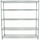 A five-tier NSF Shelving Unit stands against a white background. Each shelf, made of metal gridwork and supported by four vertical poles, offers open and adjustable storage space. The shelves are evenly spaced and empty.