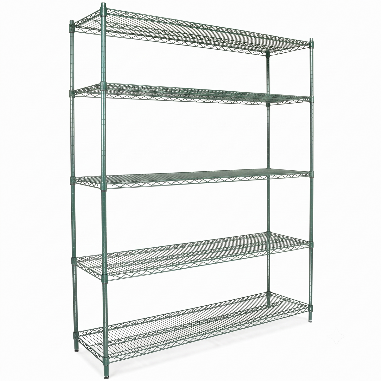 A green epoxy-coated shelving unit with five adjustable shelves and an open grid design, supported by four vertical rods. NSF certified, it's ideal for storage or organization in industrial or home settings.
