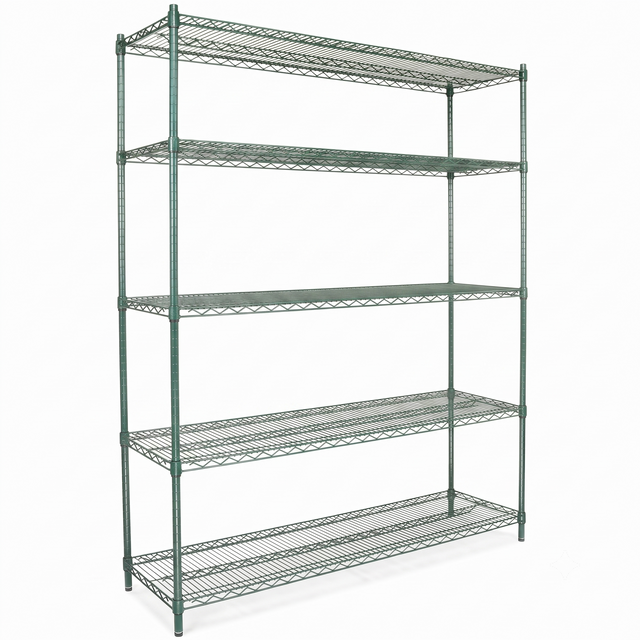 A green epoxy-coated shelving unit with five adjustable shelves and an open grid design, supported by four vertical rods. NSF certified, it's ideal for storage or organization in industrial or home settings.