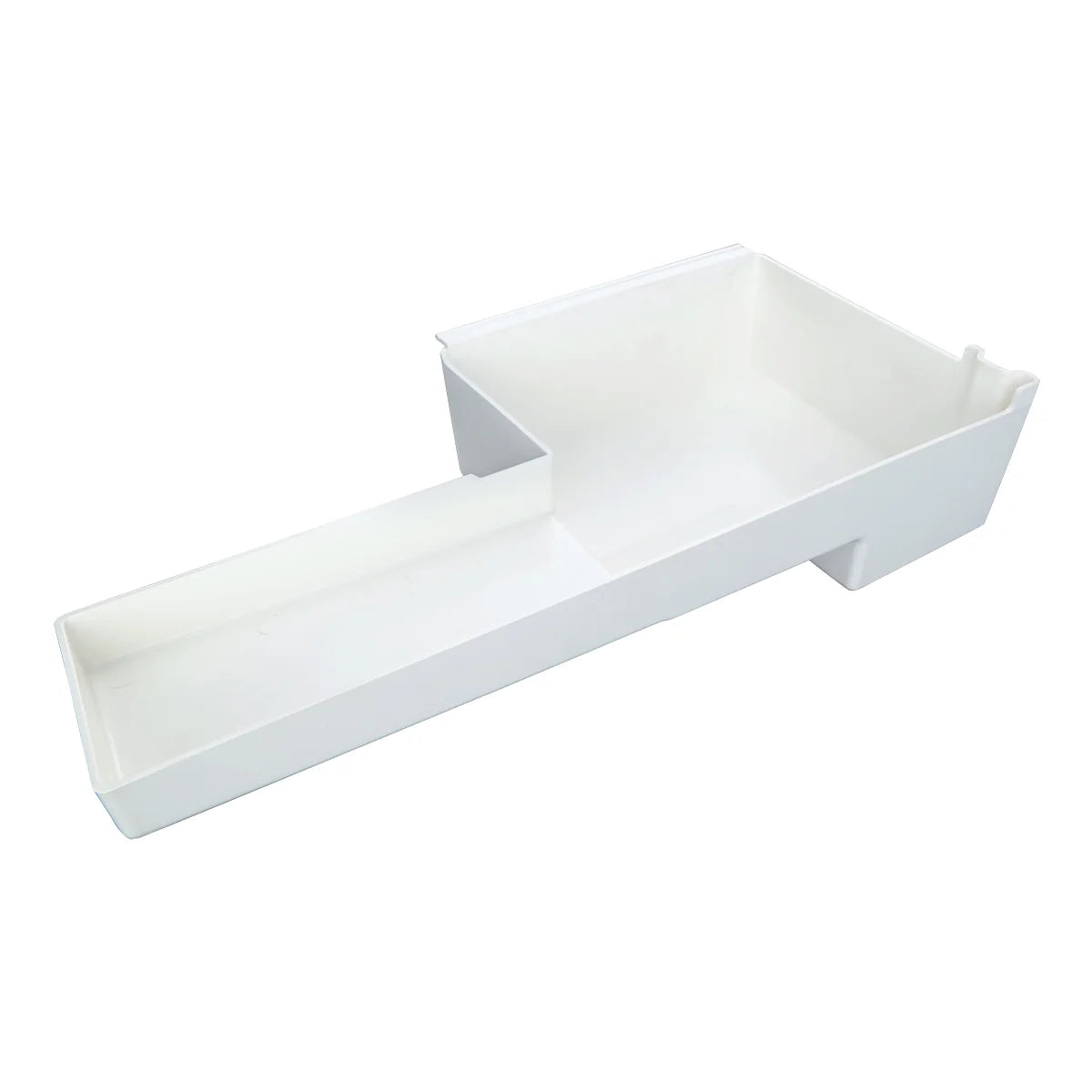 A white, rectangular plastic tray with two connected sections—perfect for Empura Ice Machines or use as a sink accessory. It features a larger, deeper compartment and a shallower, narrower section, all with smooth surfaces and straight edges.