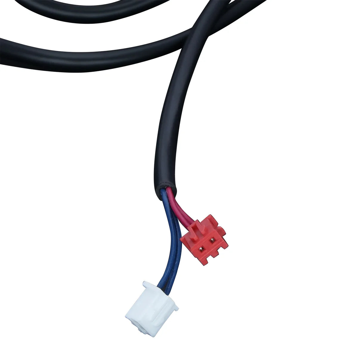 A close-up of black cables for Empura ice machine parts, ending in two connectors: a small red rectangular connector with four slots and a white rectangular connector with two slots. Blue, red, and black wires are visible at the connection points.