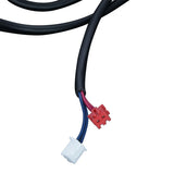 A close-up of black cables for Empura ice machine parts, ending in two connectors: a small red rectangular connector with four slots and a white rectangular connector with two slots. Blue, red, and black wires are visible at the connection points.