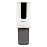 A white Empura Gel Sanitizer Station with a touchless wall mount features a black sensor area, gray drip tray, and blue branding above the blue sensor icon. Its clean, modern design stands out against a plain white background.