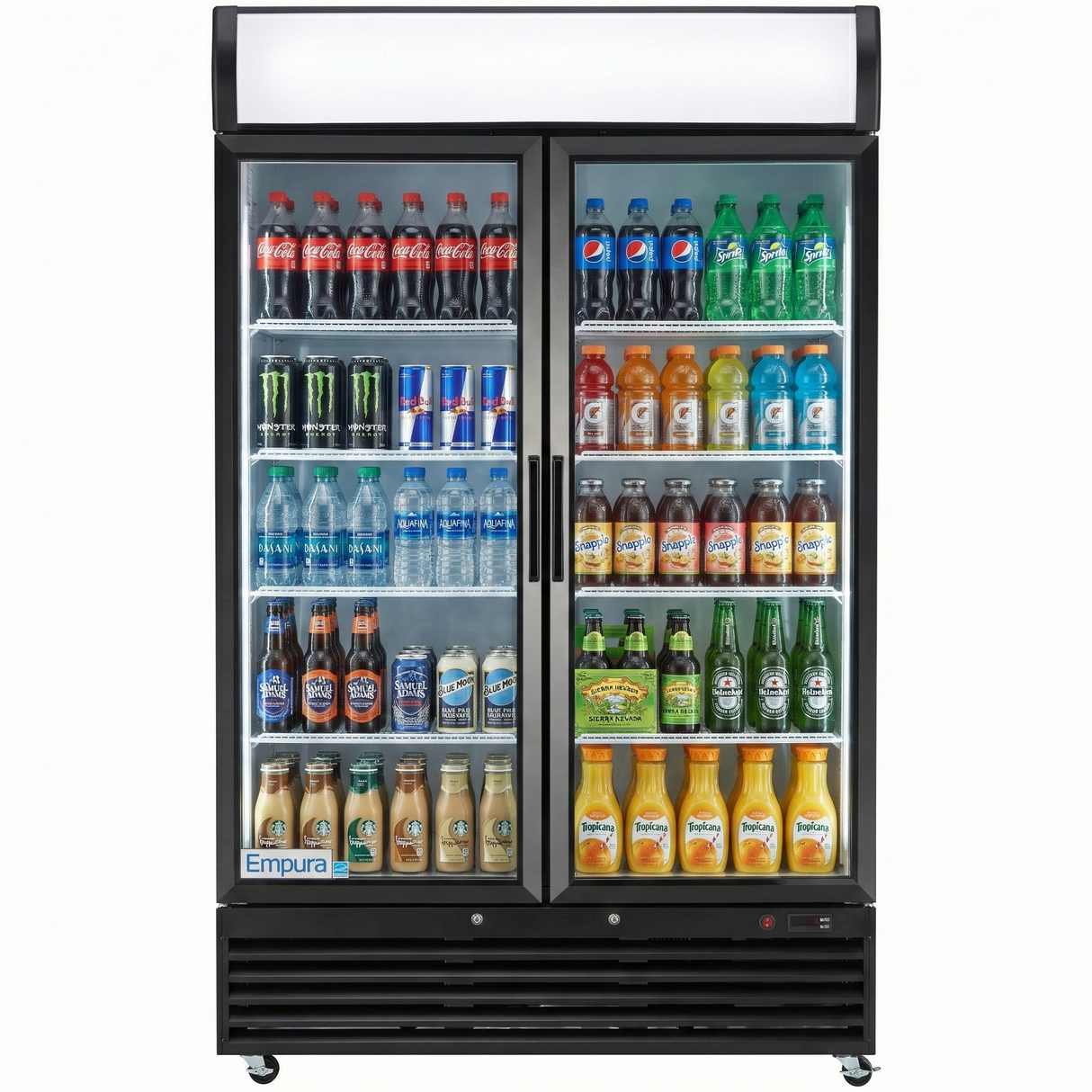 A commercial Empura refrigeration merchandiser with glass swing doors displays assorted beverages—soda, water, energy drinks, juice, and iced coffee—on five well-lit shelves. Brands like Coke, Pepsi, Monster, Snapple, and Starbucks are visible.