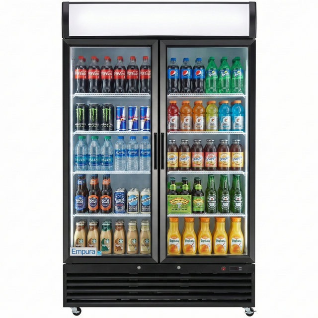 A commercial Empura refrigeration merchandiser with glass swing doors displays assorted beverages—soda, water, energy drinks, juice, and iced coffee—on five well-lit shelves. Brands like Coke, Pepsi, Monster, Snapple, and Starbucks are visible.