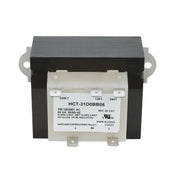 A rectangular Magic Chef transformer with a black metal core and white plastic terminal block. The label reads HCT-31DOBB06, 70101001491, input: 120/240V AC, output: 24V AC, certification marks, and two mounting tabs.
