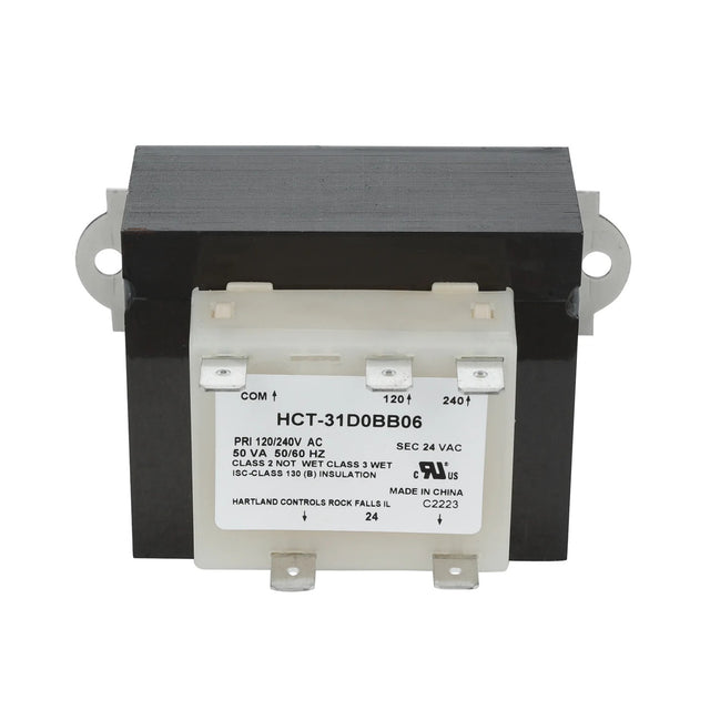 A rectangular Magic Chef transformer with a black metal core and white plastic terminal block. The label reads HCT-31DOBB06, 70101001491, input: 120/240V AC, output: 24V AC, certification marks, and two mounting tabs.