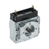 A close-up of a metallic and black Magic Chef timer rotary switch with a protruding shaft, two flat electrical terminals on top, and various engraved markings on the metal surface, set against a plain white background.