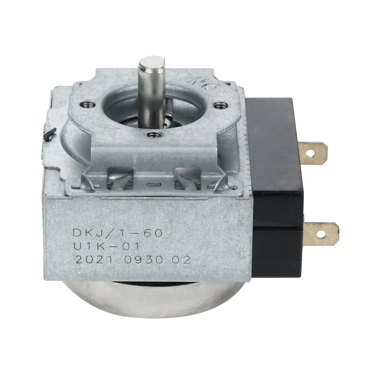A close-up of a metal and black plastic Magic Chef timer with a rotating shaft, labeled “DKJ/1-60 U1K-01 2021 0930 02.” Two brass prongs protrude from the right side for electrical connections.