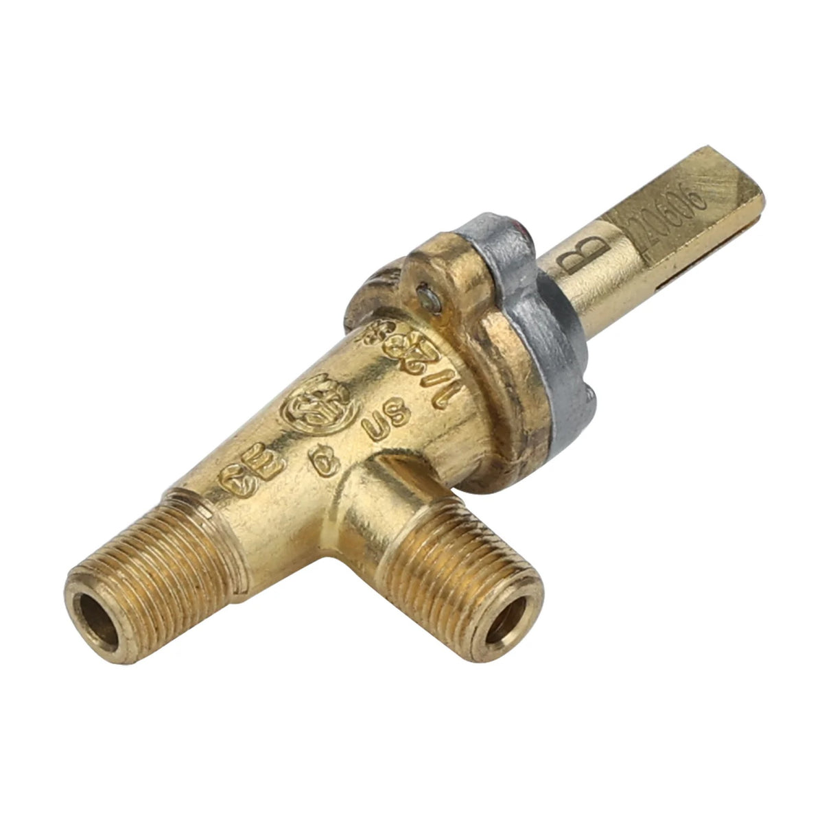 A brass Magic Chef valve (70200500519) with two threaded pipe connections and a rectangular metal lever on top. The m36gr valve body has engraved markings, a metallic ring near the lever, and is photographed on a white background.