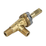 A brass Magic Chef valve (70200500519) with two threaded pipe connections and a rectangular metal lever on top. The m36gr valve body has engraved markings, a metallic ring near the lever, and is photographed on a white background.
