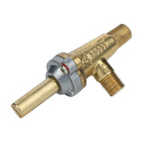 A Magic Chef valve, model 70200500519, features a brass body with a cylindrical stem, hexagonal midsection, and threaded connections on both sides. An arrow and M36GR markings are etched on the partially silver-colored metal body.
