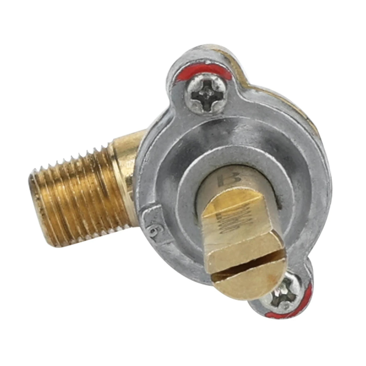 Close-up of a Magic Chef valve component with a brass body, two Phillips screws, and a flat slotted shaft. The m36gr part features red sealing rings and is shown horizontally against a white background.