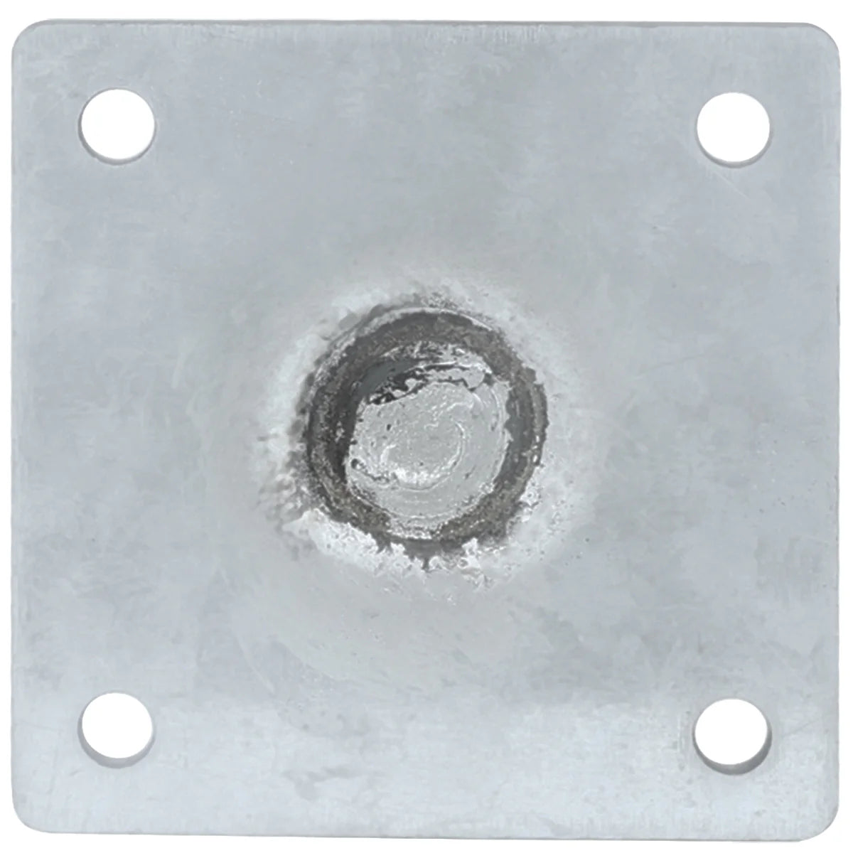 A square metal plate from Empura Parts with a rough, circular weld in the center and four round holes, one near each corner. The matte, slightly textured silvery-gray surface is ideal for mounting a 6" leg on Empura Equipment.