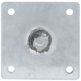 A square metal plate from Empura Parts with a rough, circular weld in the center and four round holes, one near each corner. The matte, slightly textured silvery-gray surface is ideal for mounting a 6" leg on Empura Equipment.
