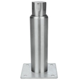A cylindrical metal bollard with a flat square base and rounded top. The base has four holes, one in each corner, for mounting, similar to the 6" Leg found on some Empura Equipment. Its smooth, metallic surface has a reflective finish.