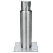 A cylindrical metal bollard with a flat square base and rounded top. The base has four holes, one in each corner, for mounting, similar to the 6" Leg found on some Empura Equipment. Its smooth, metallic surface has a reflective finish.
