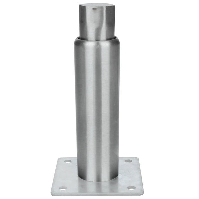 A cylindrical metal bollard with a flat square base and rounded top. The base has four holes, one in each corner, for mounting, similar to the 6" Leg found on some Empura Equipment. Its smooth, metallic surface has a reflective finish.