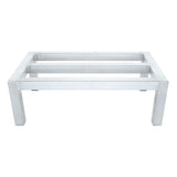 A modern, rectangular coffee table frame made of shiny chrome metal, inspired by a heavy duty dunnage rack. Featuring four straight legs and three parallel horizontal bars on top, it offers an open, minimalist design with no tabletop surface installed.