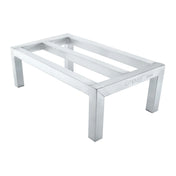 A rectangular, silver aluminum dunnage rack with four sturdy legs and two horizontal support bars across the top. The frame is open with no solid surface, and the Empura brand name is visible, reflecting a sleek and industrial design.