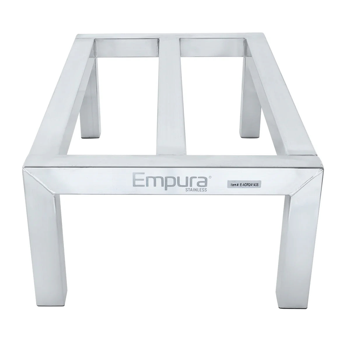A stainless steel equipment stand with four legs and an open rectangular top frame, similar in strength to a heavy duty dunnage rack. The front features the Empura brand name. Its simple, sturdy design is ideal for supporting commercial kitchen appliances.