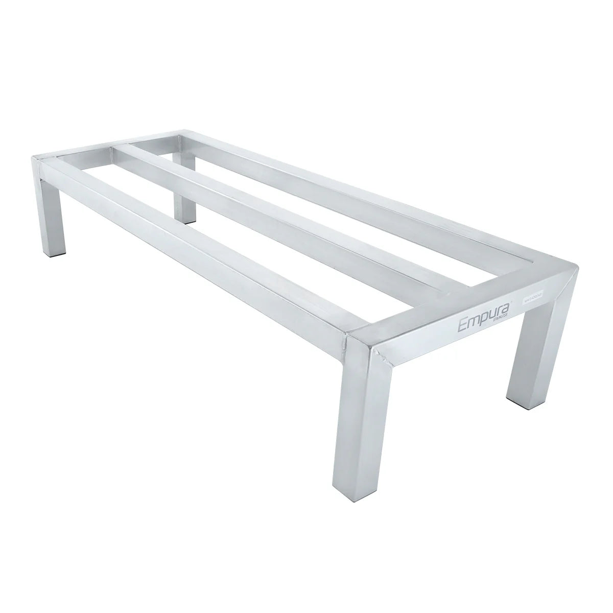 A silver, rectangular aluminum dunnage rack with four square legs and two horizontal support bars. The minimalist, open design is NSF certified, and the Empura brand name is printed on one side. Perfect for heavy-duty storage.