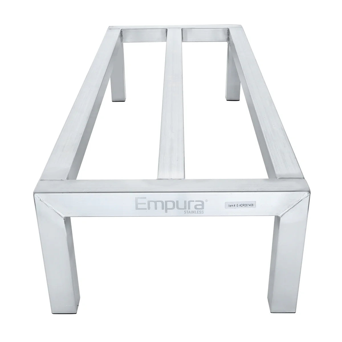 A stainless steel dunnage rack with four square legs and two parallel support bars across the top. The front has “Empura Stainless” printed on it. NSF listed, its simple, industrial design is ideal for storing items in commercial kitchens or workspaces.