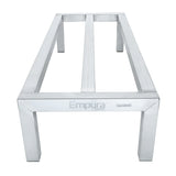 A stainless steel dunnage rack with four square legs and two parallel support bars across the top. The front has “Empura Stainless” printed on it. NSF listed, its simple, industrial design is ideal for storing items in commercial kitchens or workspaces.