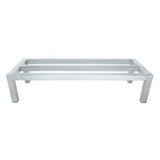 A modern, rectangular aluminum bench frame with four straight legs and NSF-certified durability, resembling a dunnage rack. It has two parallel support bars across the top and is shown against a white background—minimalistic and seatless.
