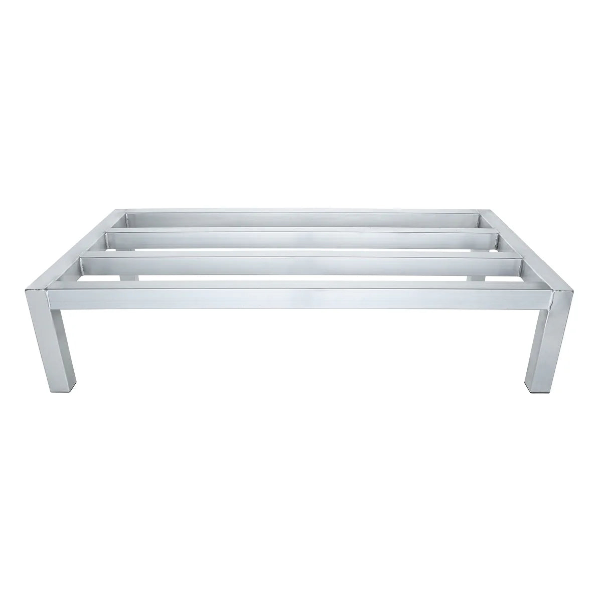 Rectangular silver aluminum dunnage rack frame with four sturdy legs and three horizontal slats across the top, open design, photographed against a plain white background. No tabletop or seating surface is attached. Modern, minimalist, and heavy duty style.