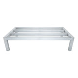 Rectangular silver aluminum dunnage rack frame with four sturdy legs and three horizontal slats across the top, open design, photographed against a plain white background. No tabletop or seating surface is attached. Modern, minimalist, and heavy duty style.