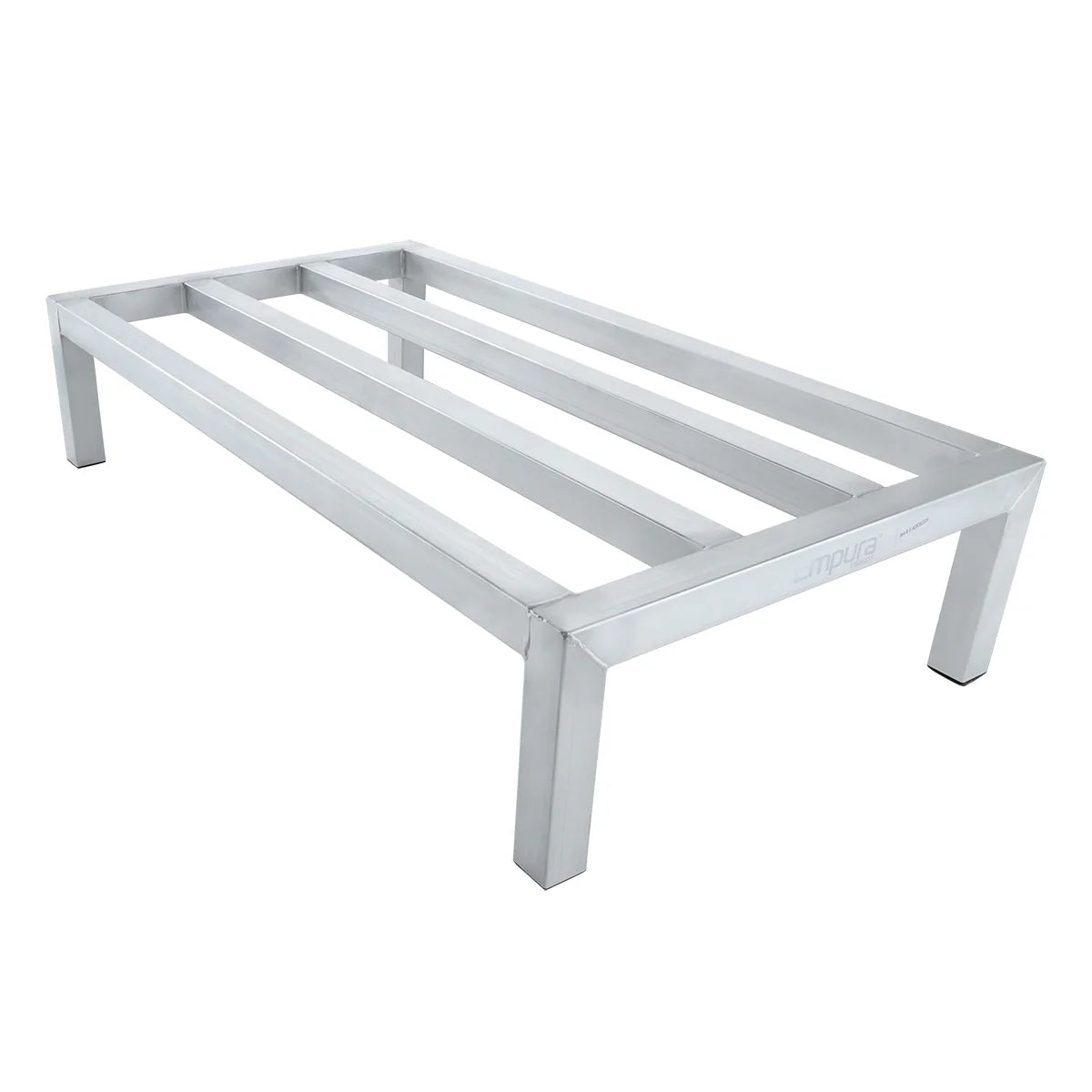 A rectangular, heavy duty aluminum bed frame with four sturdy legs and three wide horizontal support slats. The minimalist design and polished finish resemble a dunnage rack. There is no mattress or headboard attached.