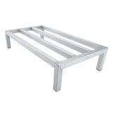 A rectangular, heavy duty aluminum bed frame with four sturdy legs and three wide horizontal support slats. The minimalist design and polished finish resemble a dunnage rack. There is no mattress or headboard attached.