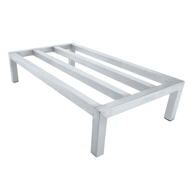 A rectangular, heavy duty aluminum bed frame with four sturdy legs and three wide horizontal support slats. The minimalist design and polished finish resemble a dunnage rack. There is no mattress or headboard attached.