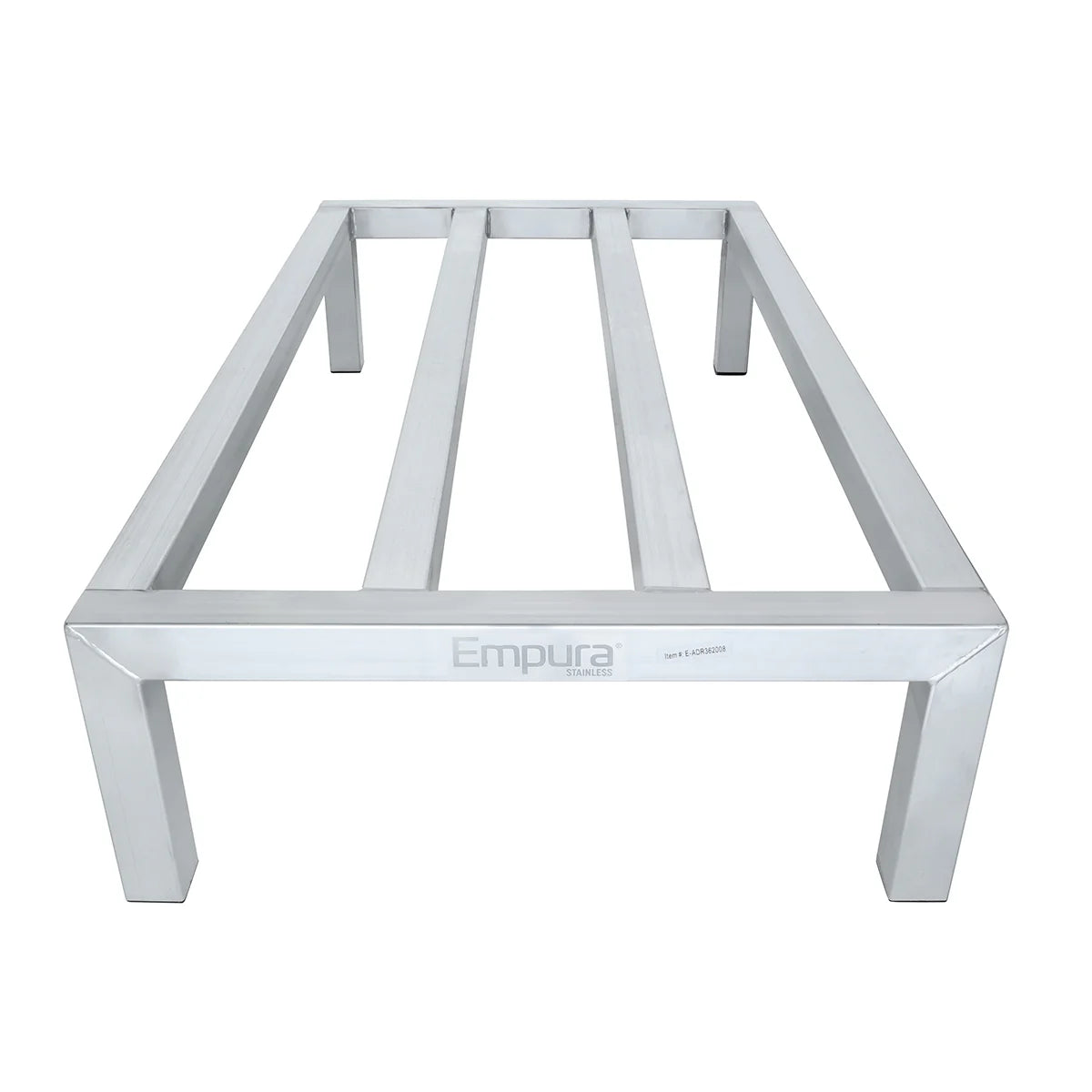 A rectangular heavy duty aluminum equipment stand with four square legs and three wide support bars across the top. The sturdy frame, labeled “Empura,” boasts an industrial design reminiscent of a commercial dunnage rack. Plain white background.