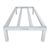 A heavy duty aluminum dunnage rack, this rectangular stainless steel equipment stand features four sturdy legs, three support bars, and the “Empura” brand on its side. Its open-frame design offers a clean, industrial look and is freezer safe.