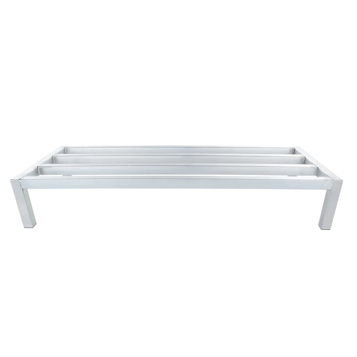 A white heavy duty aluminum bed frame with four rectangular legs and three horizontal slats across the base. The minimalist, modern design is photographed against a plain white background. No mattress or additional bedding is shown.
